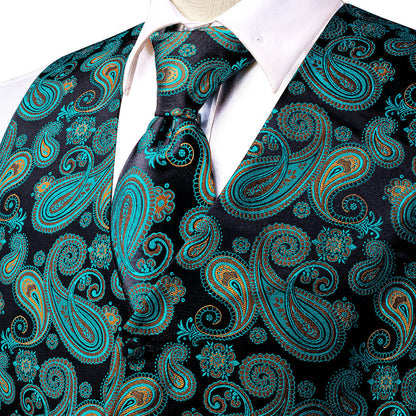 Black Green Paisley Jacquard Silk Men's Vest Set vest set    - Sophisticated Gentlemen
