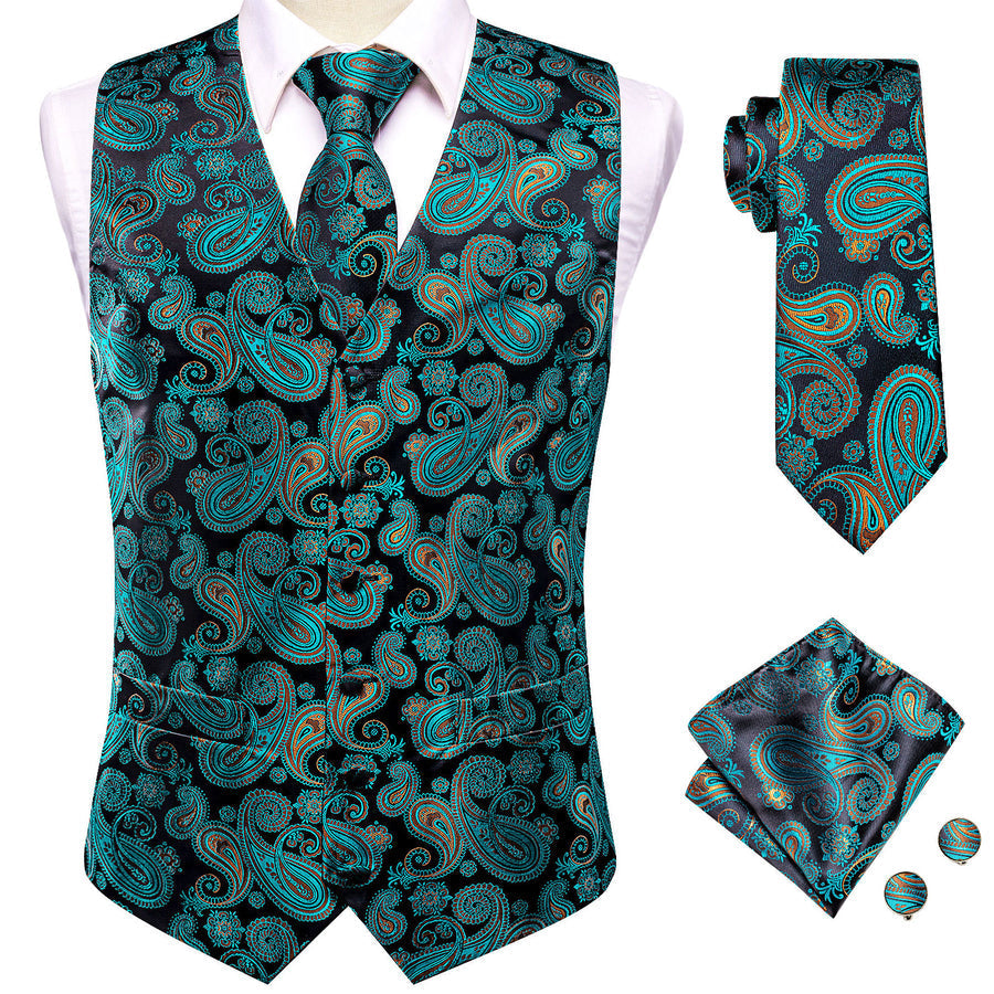 Black Green Paisley Jacquard Silk Men's Vest Set vest set    - Sophisticated Gentlemen