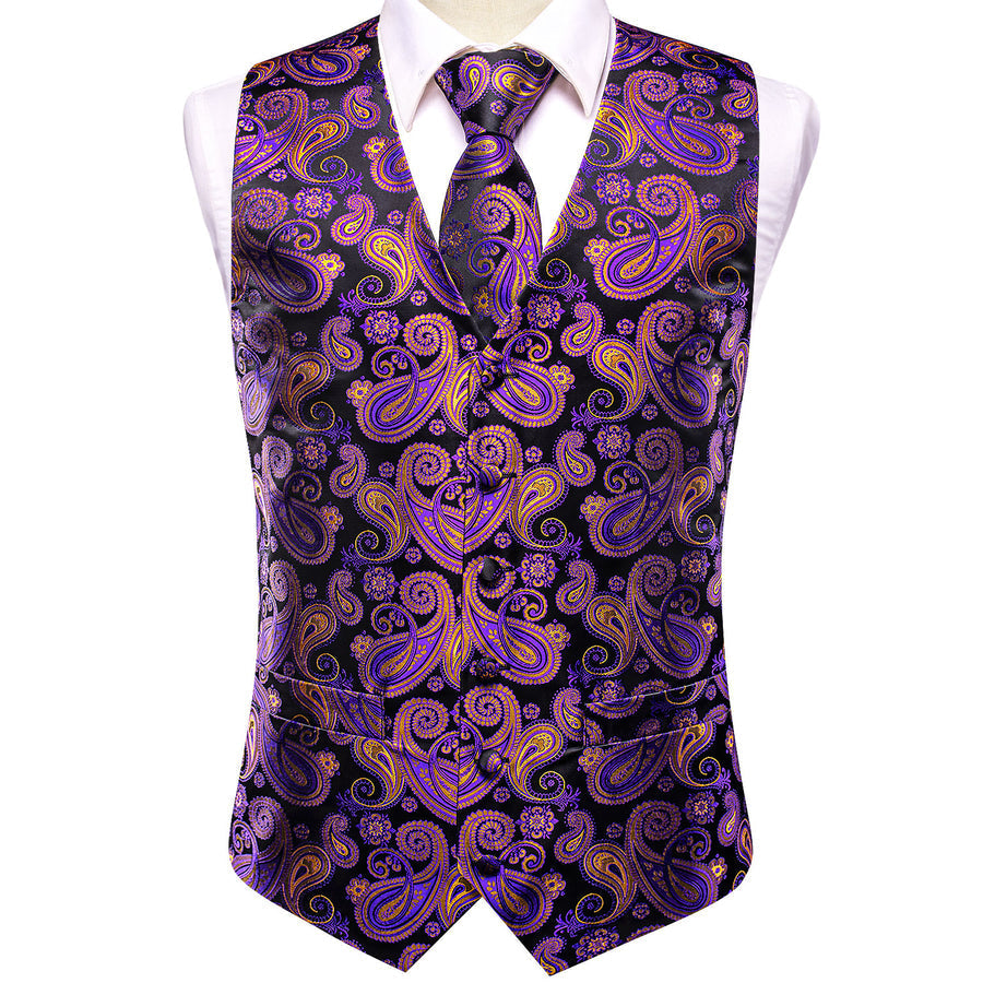 Black Purple Paisley Jacquard Silk Men's Vest Set vest set    - Sophisticated Gentlemen