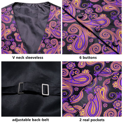 Black Purple Paisley Jacquard Silk Men's Vest Set vest set    - Sophisticated Gentlemen