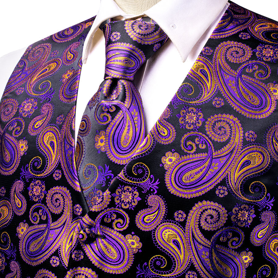 Black Purple Paisley Jacquard Silk Men's Vest Set vest set    - Sophisticated Gentlemen
