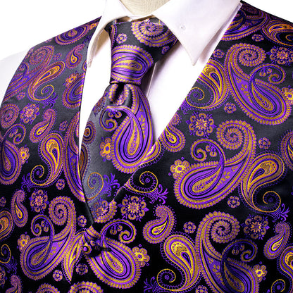 Black Purple Paisley Jacquard Silk Men's Vest Set vest set    - Sophisticated Gentlemen
