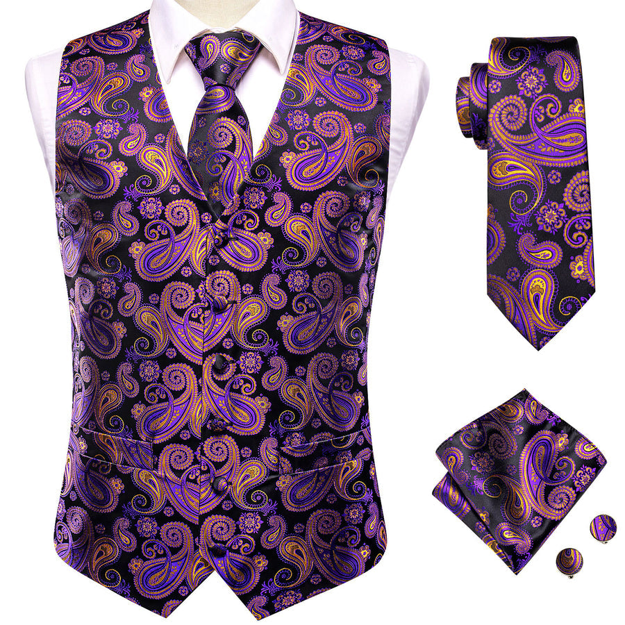 Black Purple Paisley Jacquard Silk Men's Vest Set vest set    - Sophisticated Gentlemen