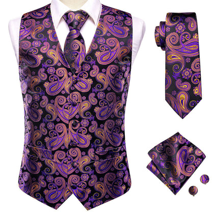 Black Purple Paisley Jacquard Silk Men's Vest Set vest set    - Sophisticated Gentlemen