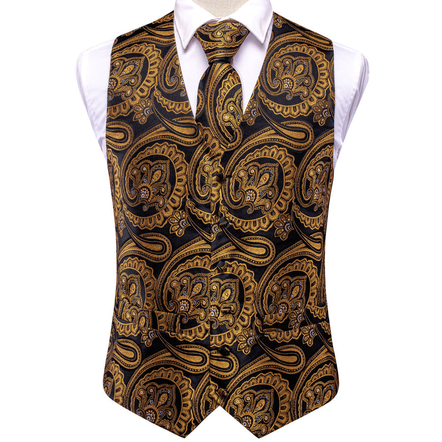 Luxury Black Golden Paisley Jacquard Silk Vest Set vest set    - Sophisticated Gentlemen