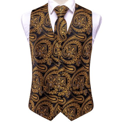 Luxury Black Golden Paisley Jacquard Silk Vest Set vest set    - Sophisticated Gentlemen