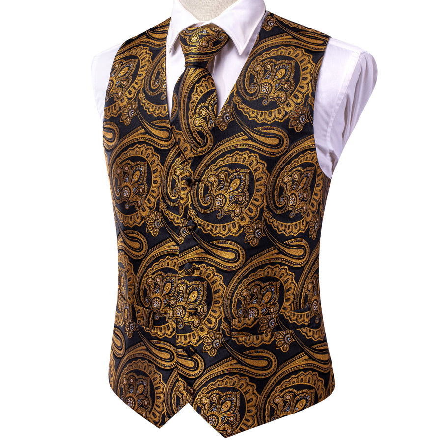 Luxury Black Golden Paisley Jacquard Silk Vest Set vest set    - Sophisticated Gentlemen