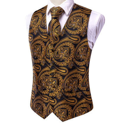 Luxury Black Golden Paisley Jacquard Silk Vest Set vest set    - Sophisticated Gentlemen