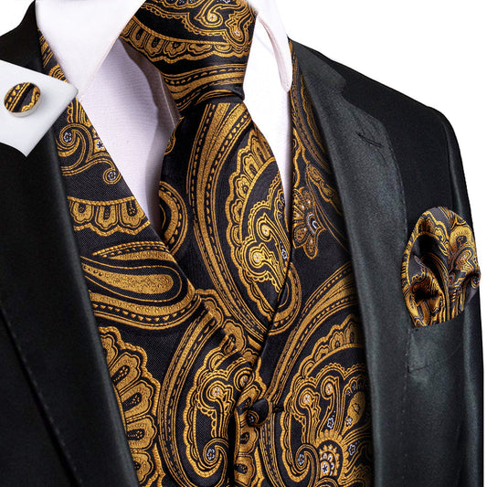 Luxury Black Golden Paisley Jacquard Silk Vest Set vest set S (Chest 40")   - Sophisticated Gentlemen