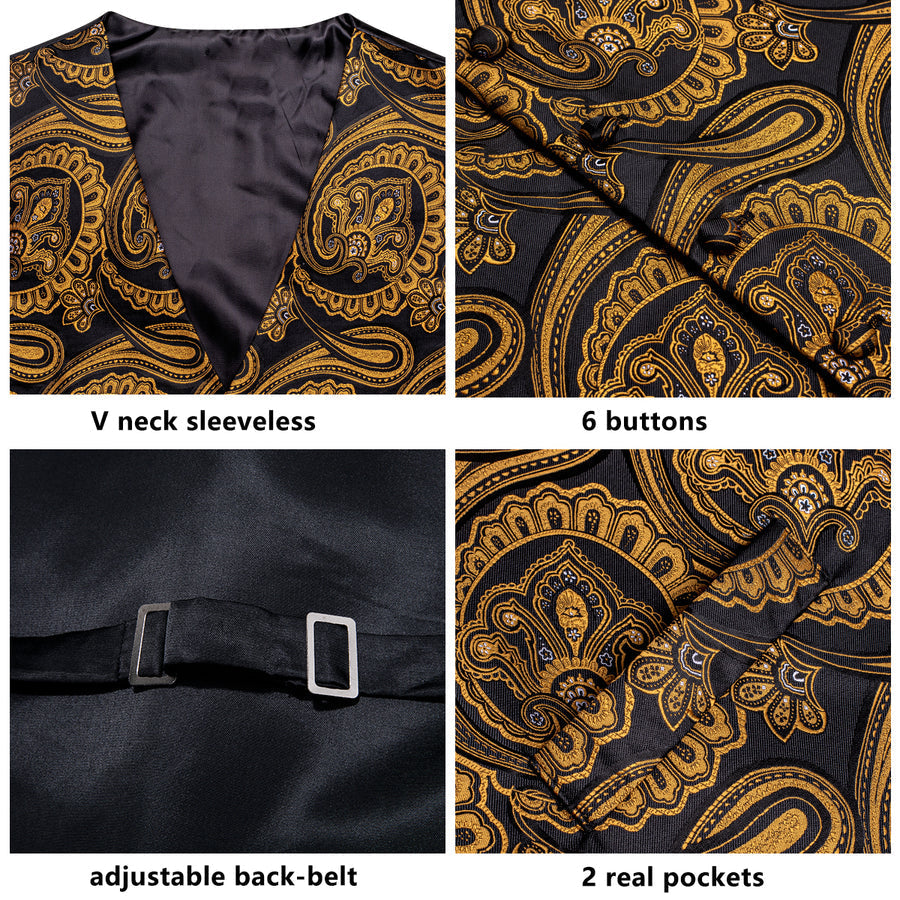 Luxury Black Golden Paisley Jacquard Silk Vest Set vest set    - Sophisticated Gentlemen