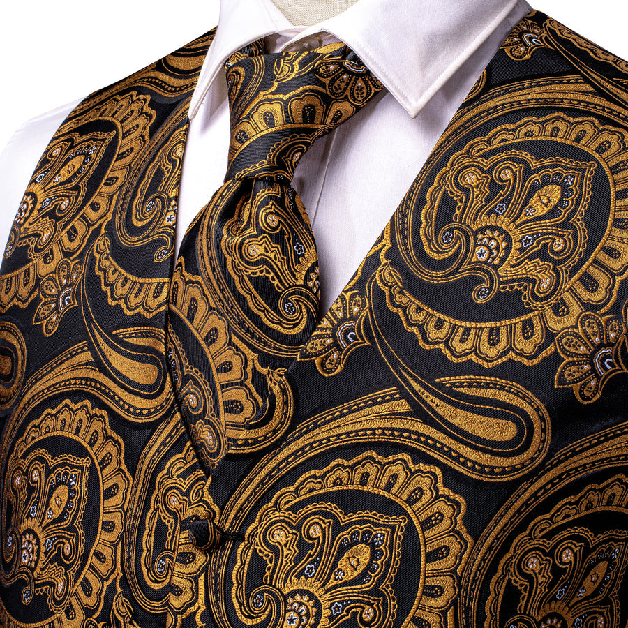 Luxury Black Golden Paisley Jacquard Silk Vest Set vest set    - Sophisticated Gentlemen