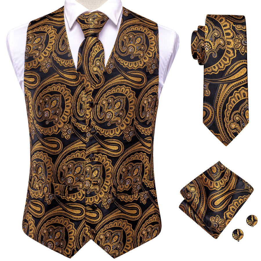 Luxury Black Golden Paisley Jacquard Silk Vest Set vest set    - Sophisticated Gentlemen