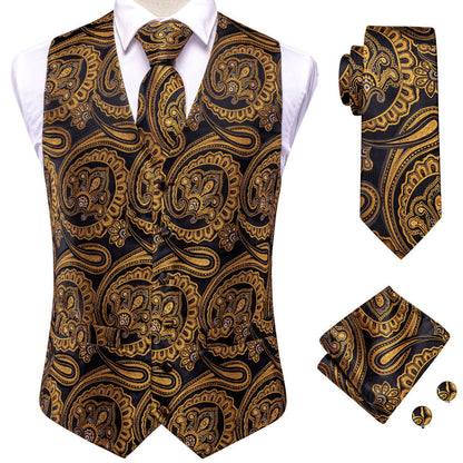 Luxury Black Golden Paisley Jacquard Silk Vest Set vest set    - Sophisticated Gentlemen