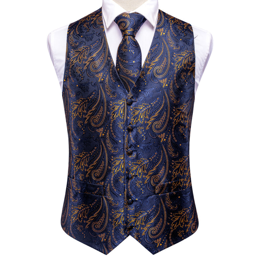 Midnight Indigo Paisley Jacquard Silk Vest Set vest set    - Sophisticated Gentlemen