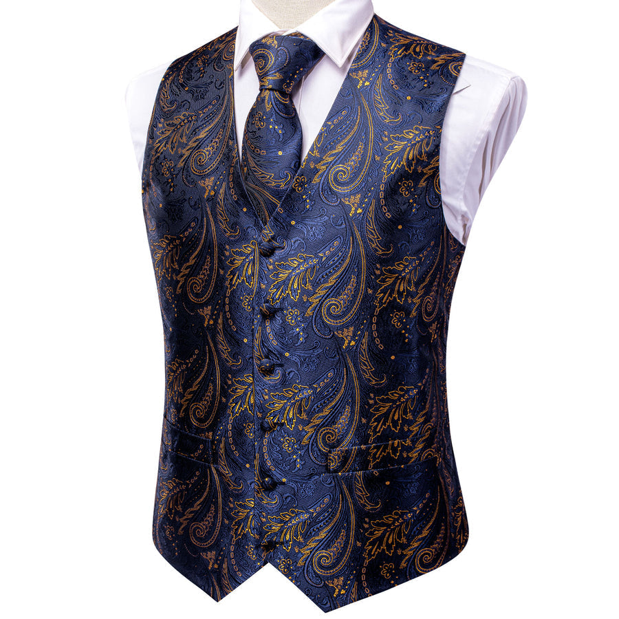 Midnight Indigo Paisley Jacquard Silk Vest Set vest set    - Sophisticated Gentlemen