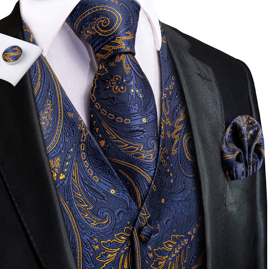 Midnight Indigo Paisley Jacquard Silk Vest Set vest set S (Chest 40")   - Sophisticated Gentlemen