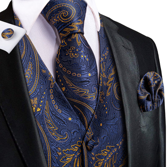 Midnight Indigo Paisley Jacquard Silk Vest Set vest set S (Chest 40")   - Sophisticated Gentlemen