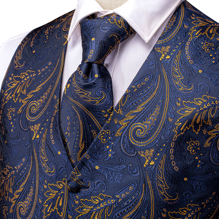 Midnight Indigo Paisley Jacquard Silk Vest Set vest set    - Sophisticated Gentlemen