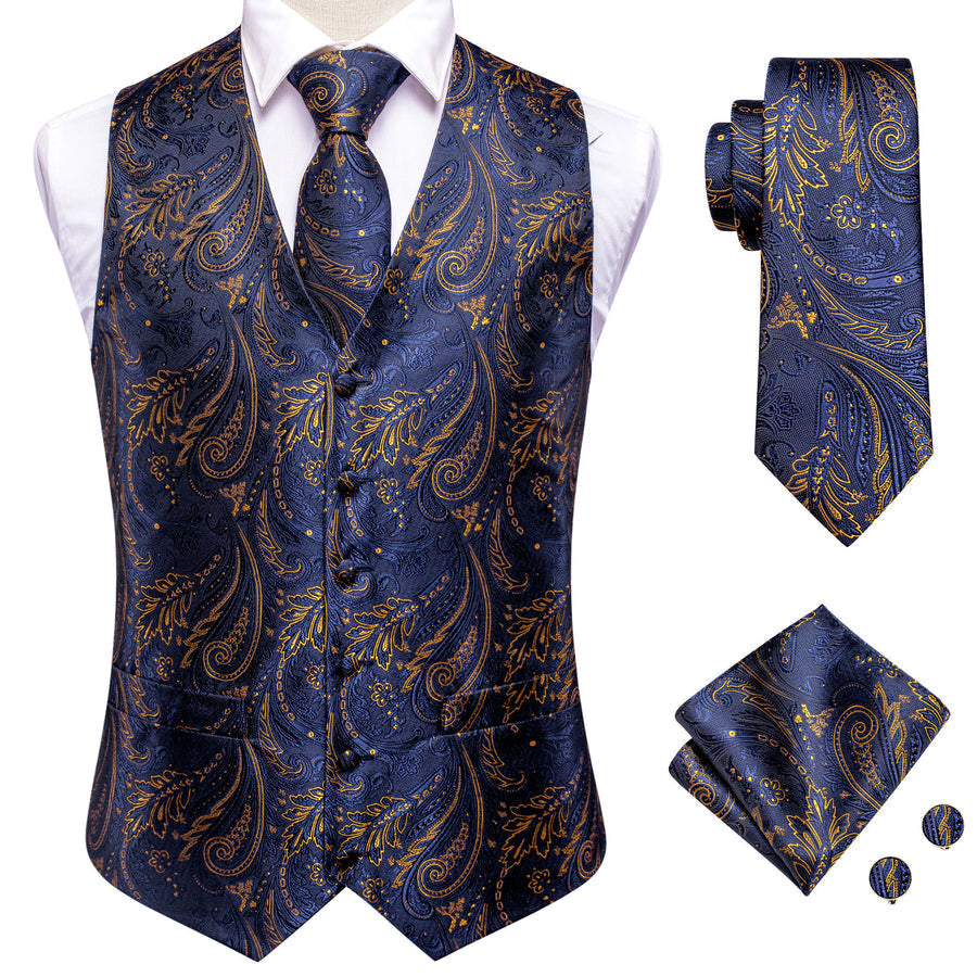 Midnight Indigo Paisley Jacquard Silk Vest Set vest set    - Sophisticated Gentlemen