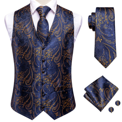 Midnight Indigo Paisley Jacquard Silk Vest Set vest set    - Sophisticated Gentlemen