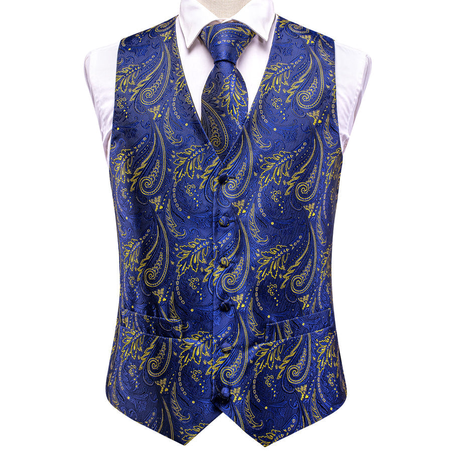 Royal Blue Yellow Paisley Jacquard Silk Vest Set vest set    - Sophisticated Gentlemen