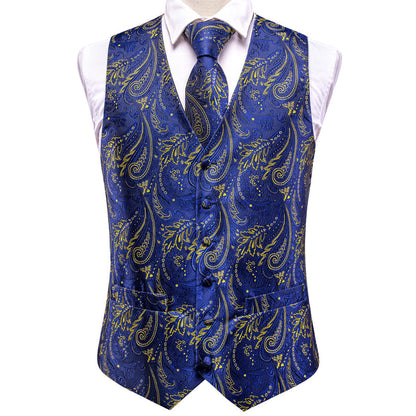 Royal Blue Yellow Paisley Jacquard Silk Vest Set vest set    - Sophisticated Gentlemen