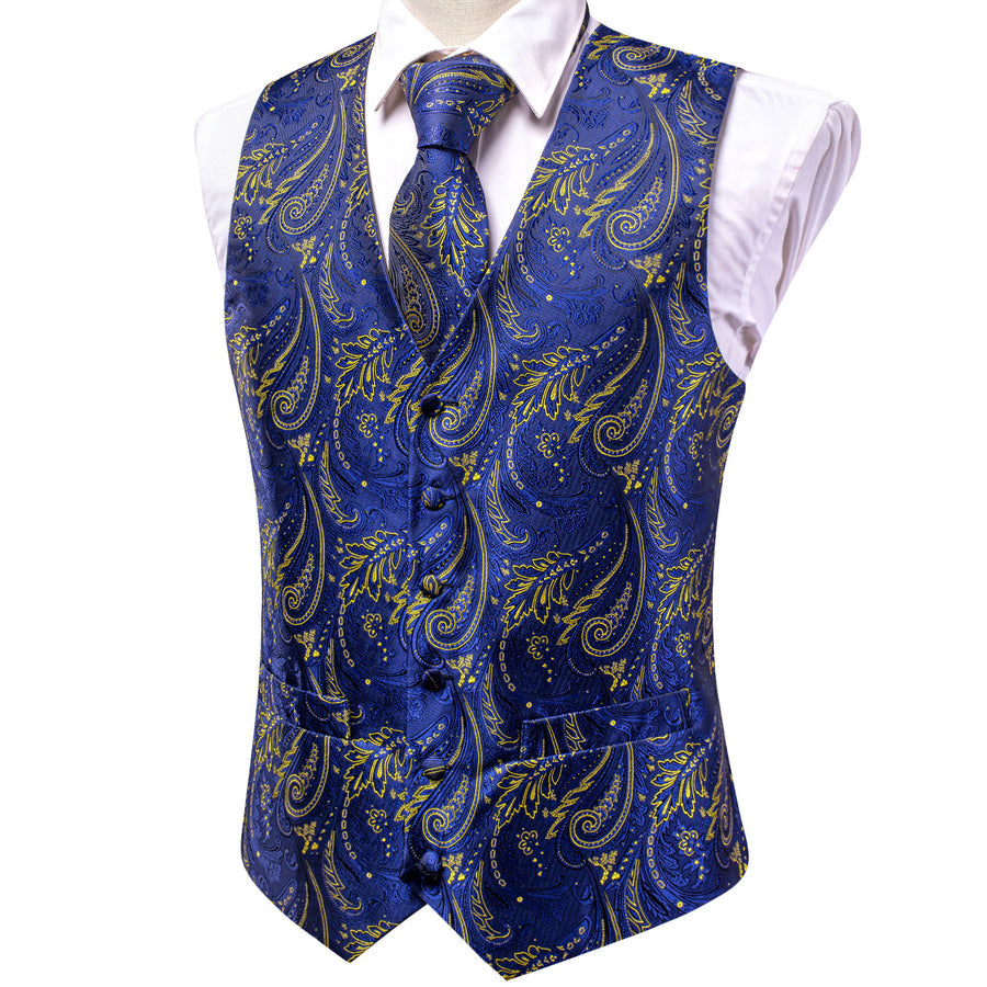 Royal Blue Yellow Paisley Jacquard Silk Vest Set vest set    - Sophisticated Gentlemen