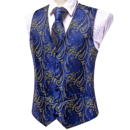 Royal Blue Yellow Paisley Jacquard Silk Vest Set vest set    - Sophisticated Gentlemen