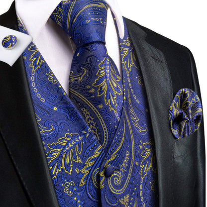 Royal Blue Yellow Paisley Jacquard Silk Vest Set vest set S (Chest 40")   - Sophisticated Gentlemen