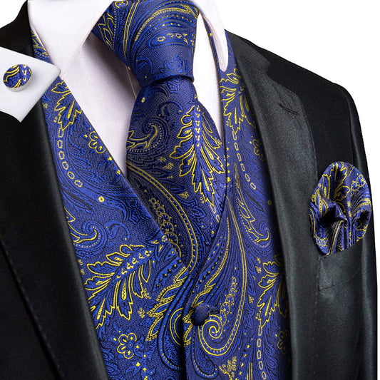 Royal Blue Yellow Paisley Jacquard Silk Vest Set vest set S (Chest 40")   - Sophisticated Gentlemen