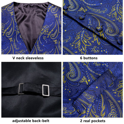 Royal Blue Yellow Paisley Jacquard Silk Vest Set vest set    - Sophisticated Gentlemen