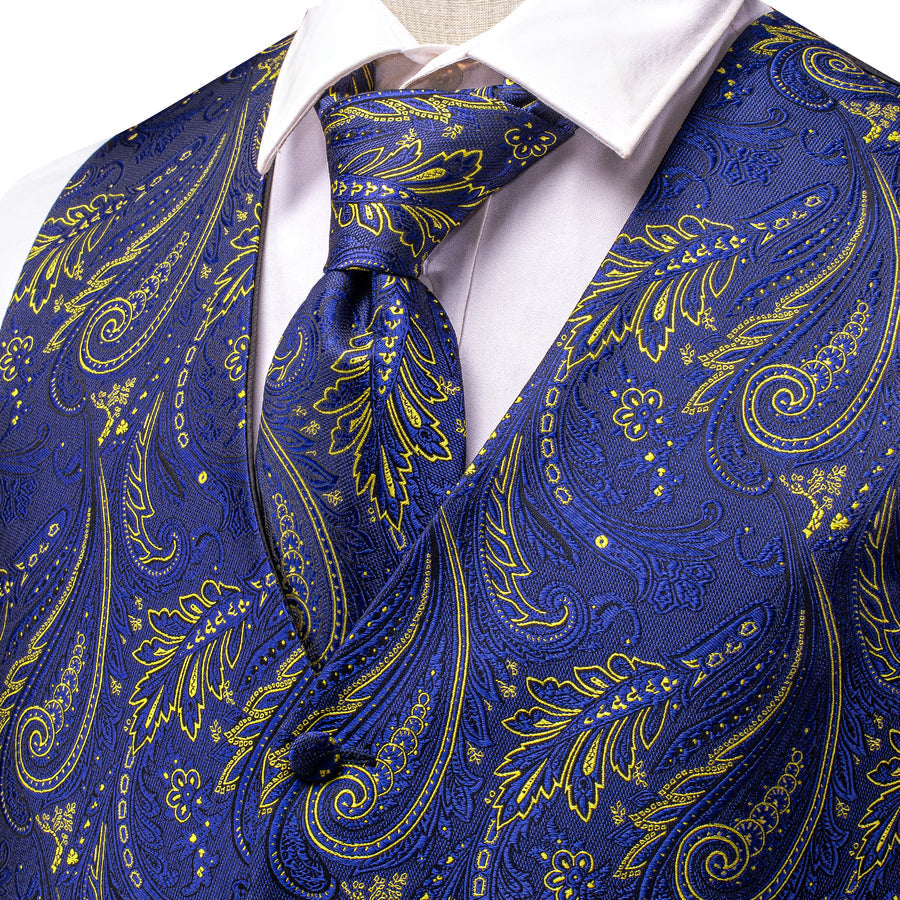 Royal Blue Yellow Paisley Jacquard Silk Vest Set vest set    - Sophisticated Gentlemen