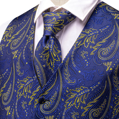Royal Blue Yellow Paisley Jacquard Silk Vest Set vest set    - Sophisticated Gentlemen