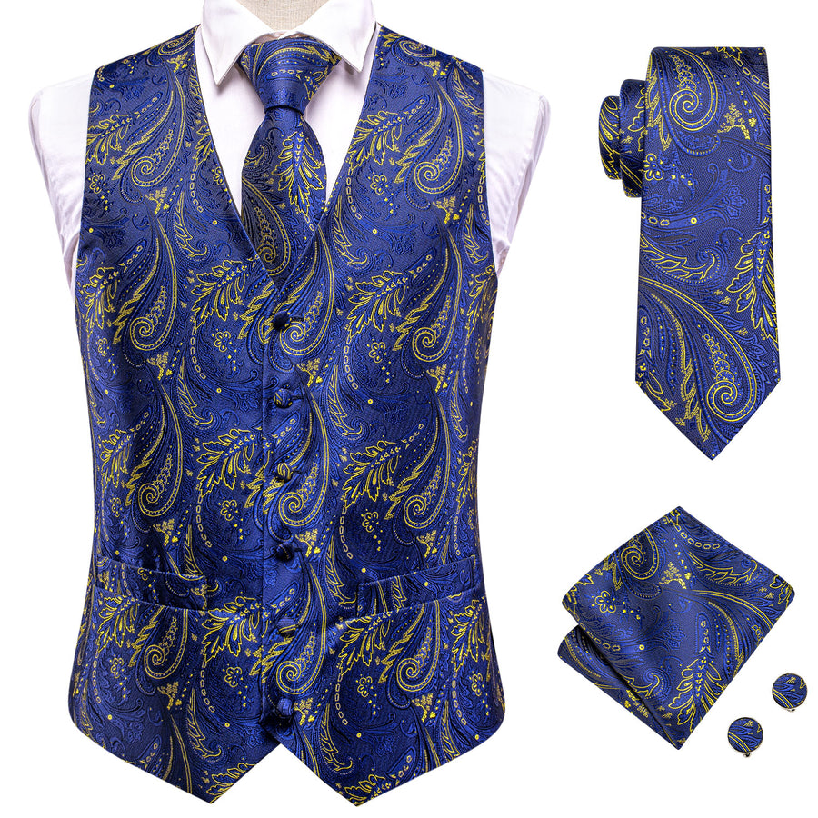 Royal Blue Yellow Paisley Jacquard Silk Vest Set vest set    - Sophisticated Gentlemen
