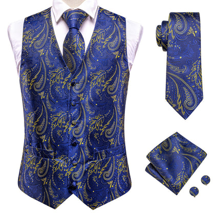Royal Blue Yellow Paisley Jacquard Silk Vest Set vest set    - Sophisticated Gentlemen