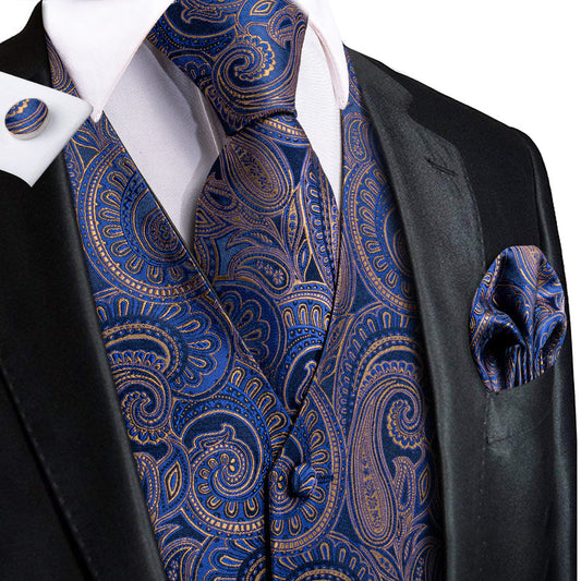 Blue Brown Paisley Jacquard Silk Vest Set vest set S (Chest 40")   - Sophisticated Gentlemen