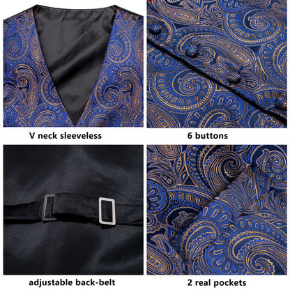 Blue Brown Paisley Jacquard Silk Vest Set vest set    - Sophisticated Gentlemen