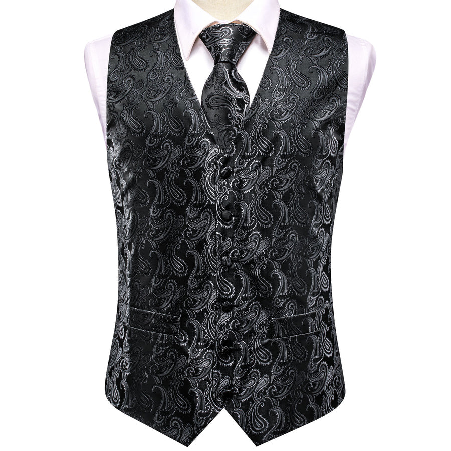 Silver Black Paisley Jacquard Silk Vest Set vest set    - Sophisticated Gentlemen
