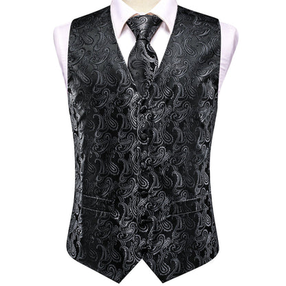 Silver Black Paisley Jacquard Silk Vest Set vest set    - Sophisticated Gentlemen