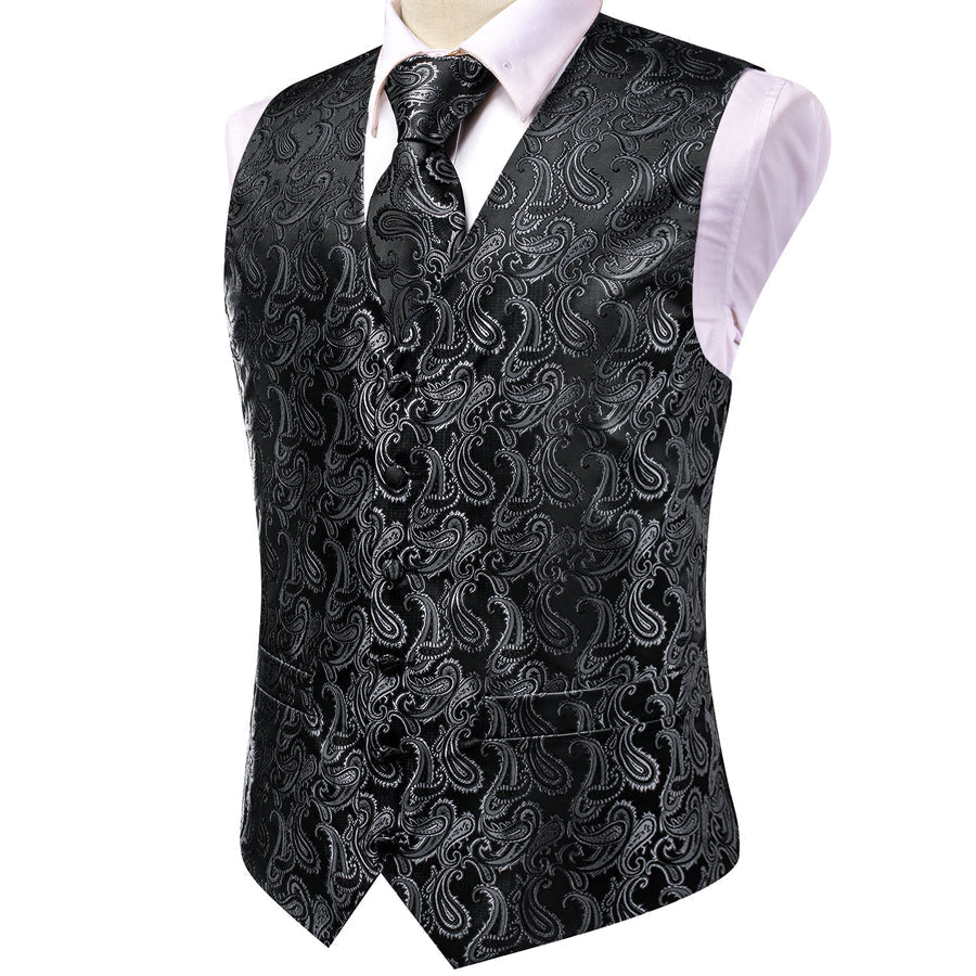 Silver Black Paisley Jacquard Silk Vest Set vest set    - Sophisticated Gentlemen