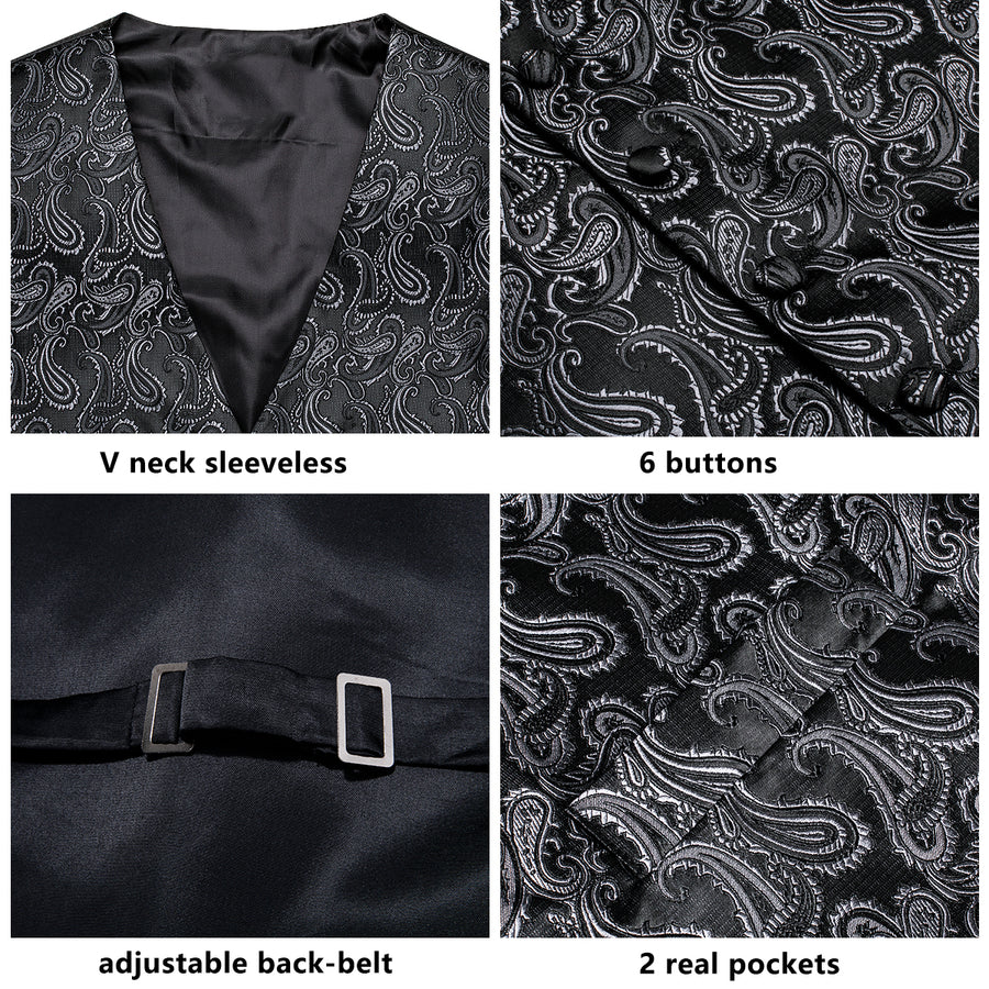 Silver Black Paisley Jacquard Silk Vest Set vest set    - Sophisticated Gentlemen