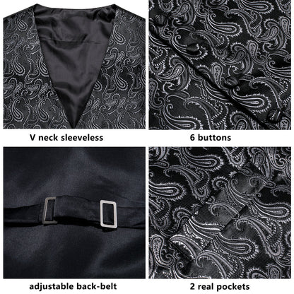 Silver Black Paisley Jacquard Silk Vest Set vest set    - Sophisticated Gentlemen