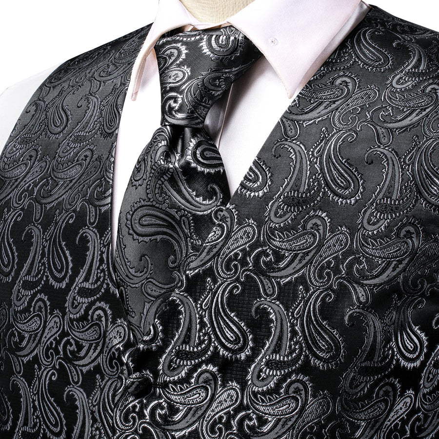 Silver Black Paisley Jacquard Silk Vest Set vest set    - Sophisticated Gentlemen