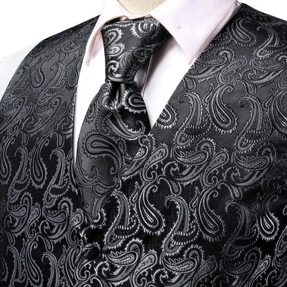Silver Black Paisley Jacquard Silk Vest Set vest set    - Sophisticated Gentlemen