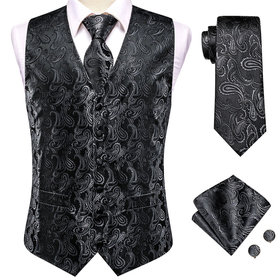Silver Black Paisley Jacquard Silk Vest Set vest set    - Sophisticated Gentlemen