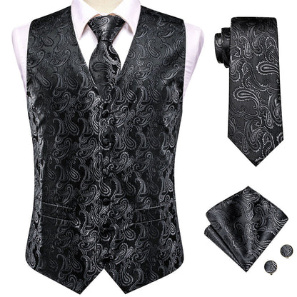 Silver Black Paisley Jacquard Silk Vest Set vest set    - Sophisticated Gentlemen