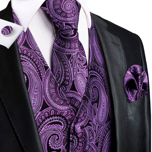 New Purple Paisley Jacquard Silk Vest Set vest set S (Chest 40")   - Sophisticated Gentlemen