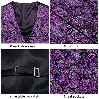 New Purple Paisley Jacquard Silk Vest Set vest set    - Sophisticated Gentlemen