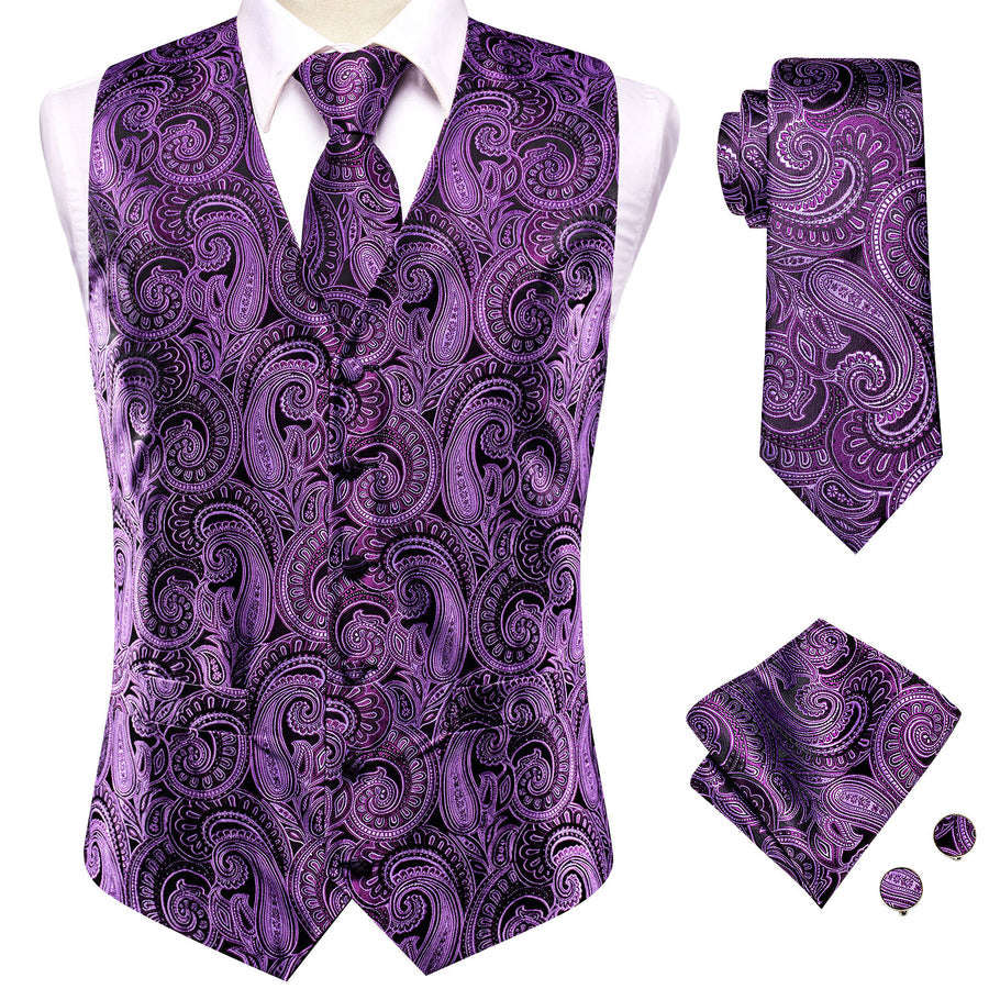 New Purple Paisley Jacquard Silk Vest Set vest set    - Sophisticated Gentlemen