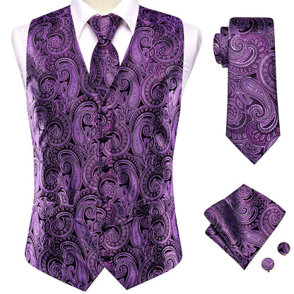 New Purple Paisley Jacquard Silk Vest Set vest set    - Sophisticated Gentlemen